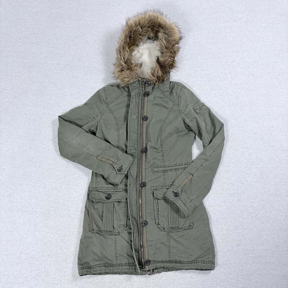 Abercrombie & Fitch Olive Green Sherpa Lined Faux Fur Hooded Parka Coat Size M